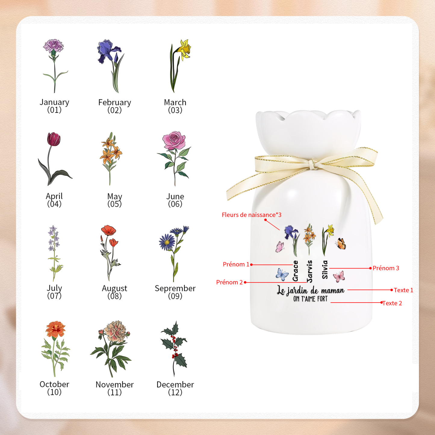 À Maman/Mamie - Vase Personnalisés avec 1-6 Prénoms et 2 Textes Vase en Céramique (sans fleurs) | Jessemade
