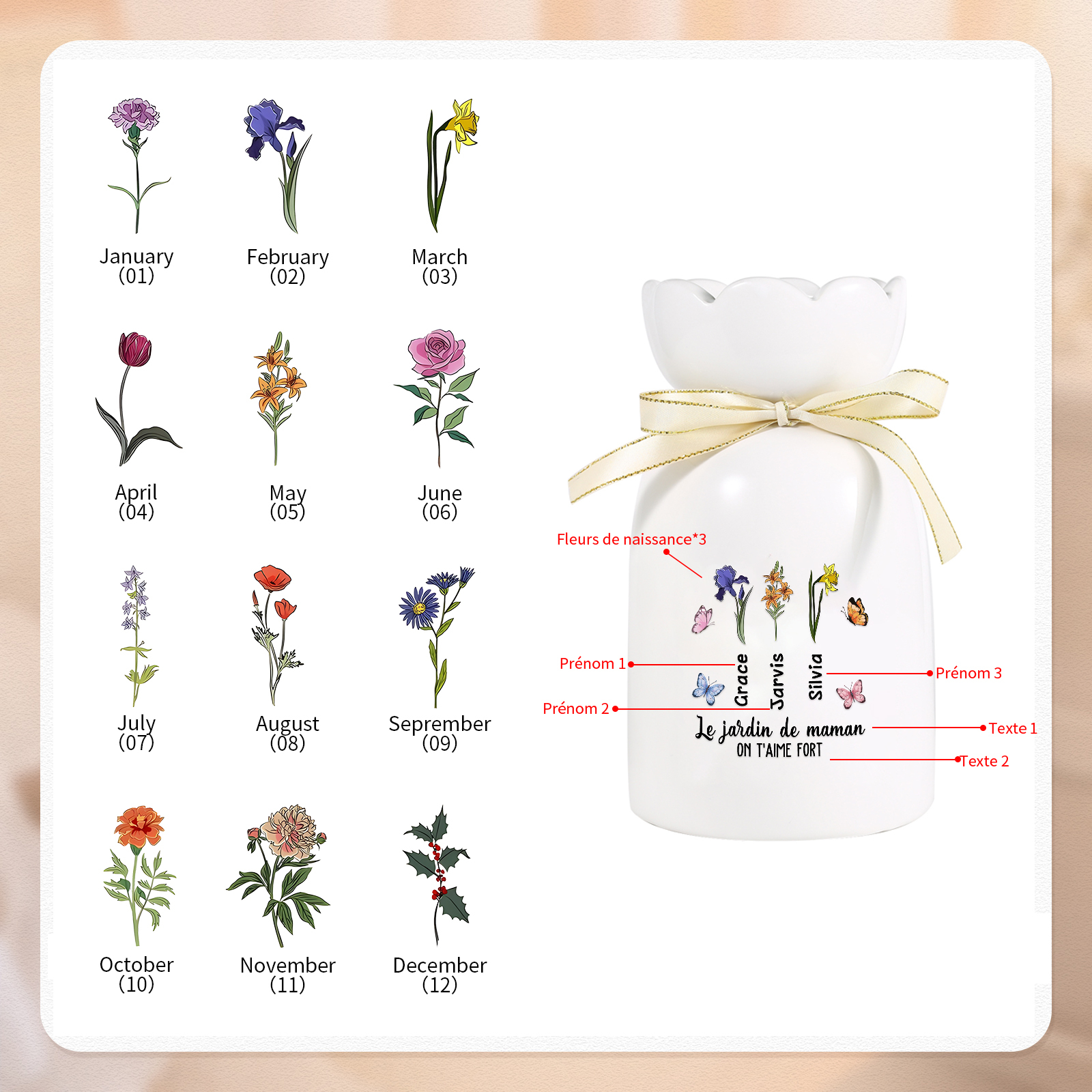 À Maman/Mamie - Vase Personnalisés avec 1-6 Prénoms et 2 Textes Vase en Céramique (sans fleurs) | Jessemade