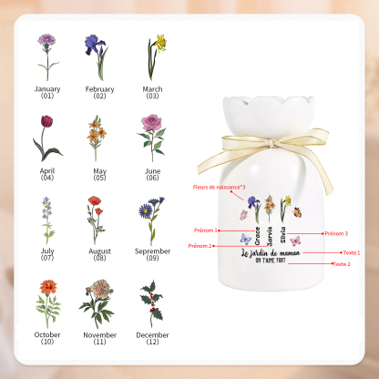 À Maman/Mamie - Vase Personnalisés avec 1-6 Prénoms et 2 Textes Vase en Céramique (sans fleurs) | Jessemade