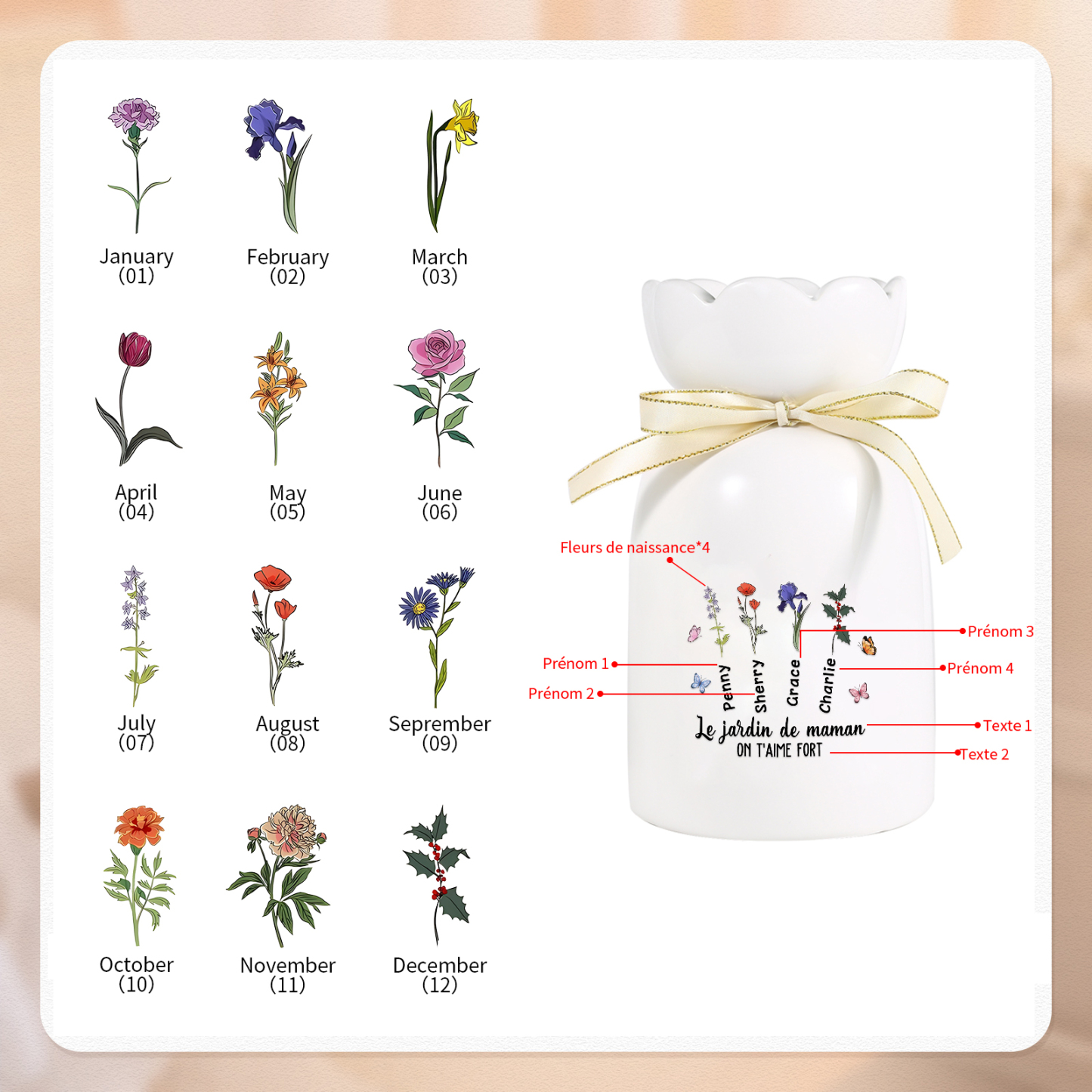 À Maman/Mamie - Vase Personnalisés avec 1-6 Prénoms et 2 Textes Vase en Céramique (sans fleurs) | Jessemade