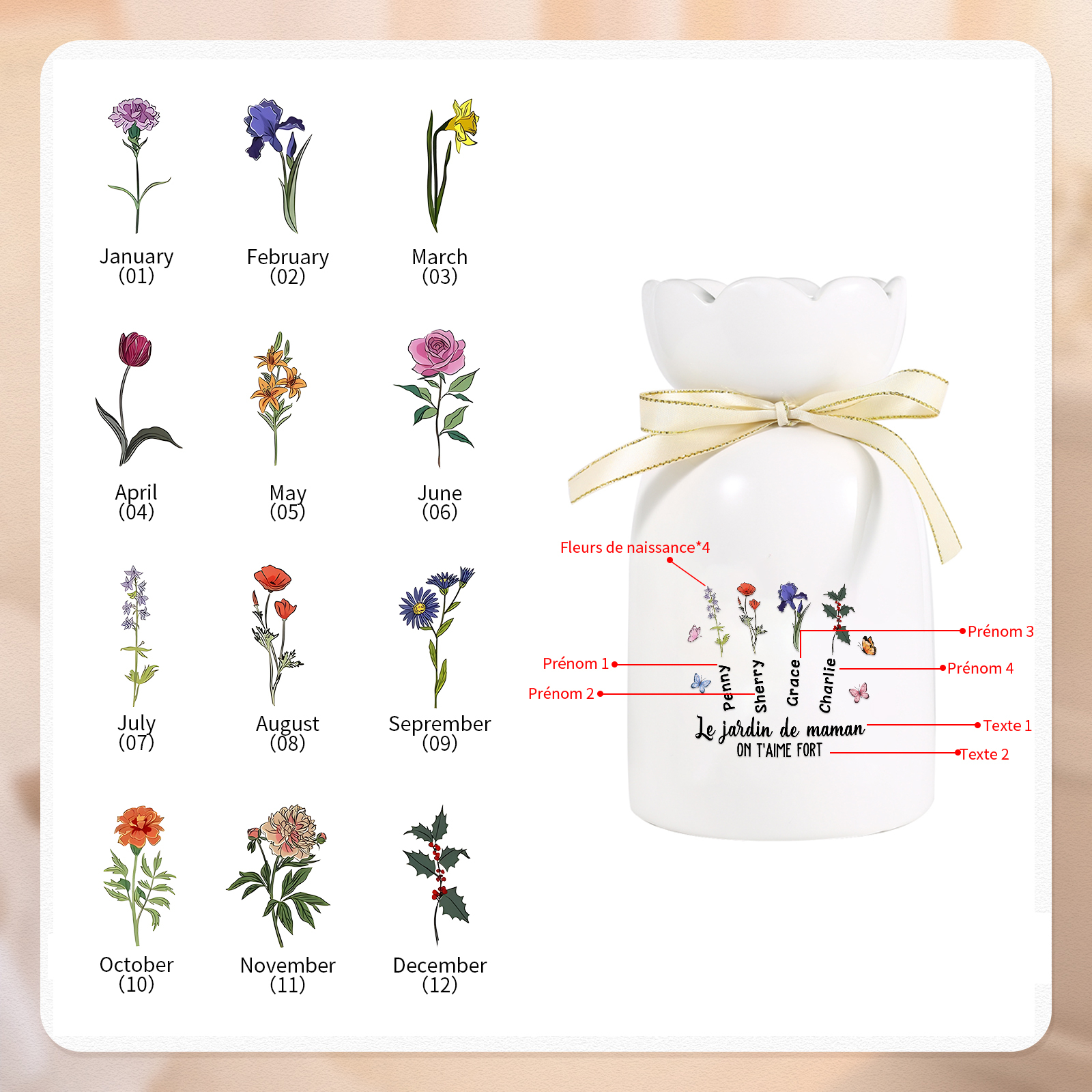 À Maman/Mamie - Vase Personnalisés avec 1-6 Prénoms et 2 Textes Vase en Céramique (sans fleurs) | Jessemade