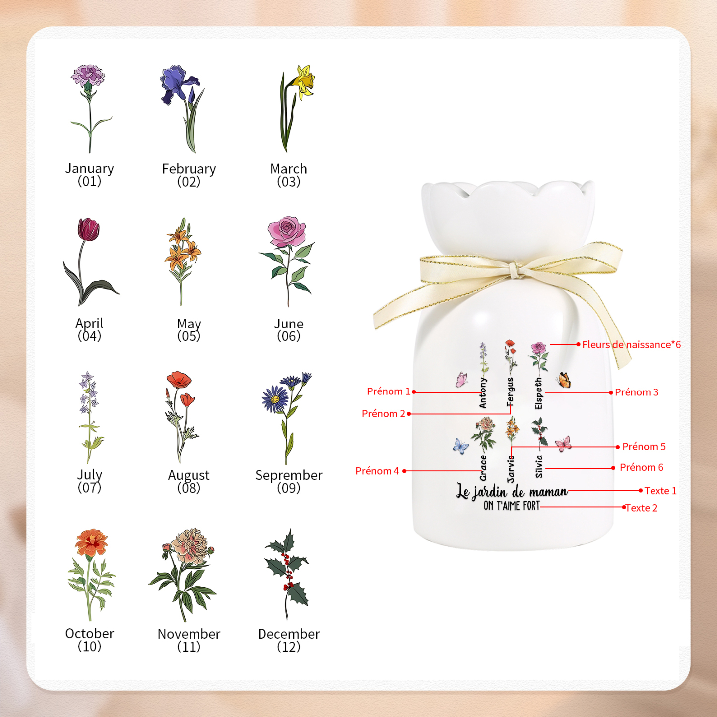 À Maman/Mamie - Vase Personnalisés avec 1-6 Prénoms et 2 Textes Vase en Céramique (sans fleurs) | Jessemade