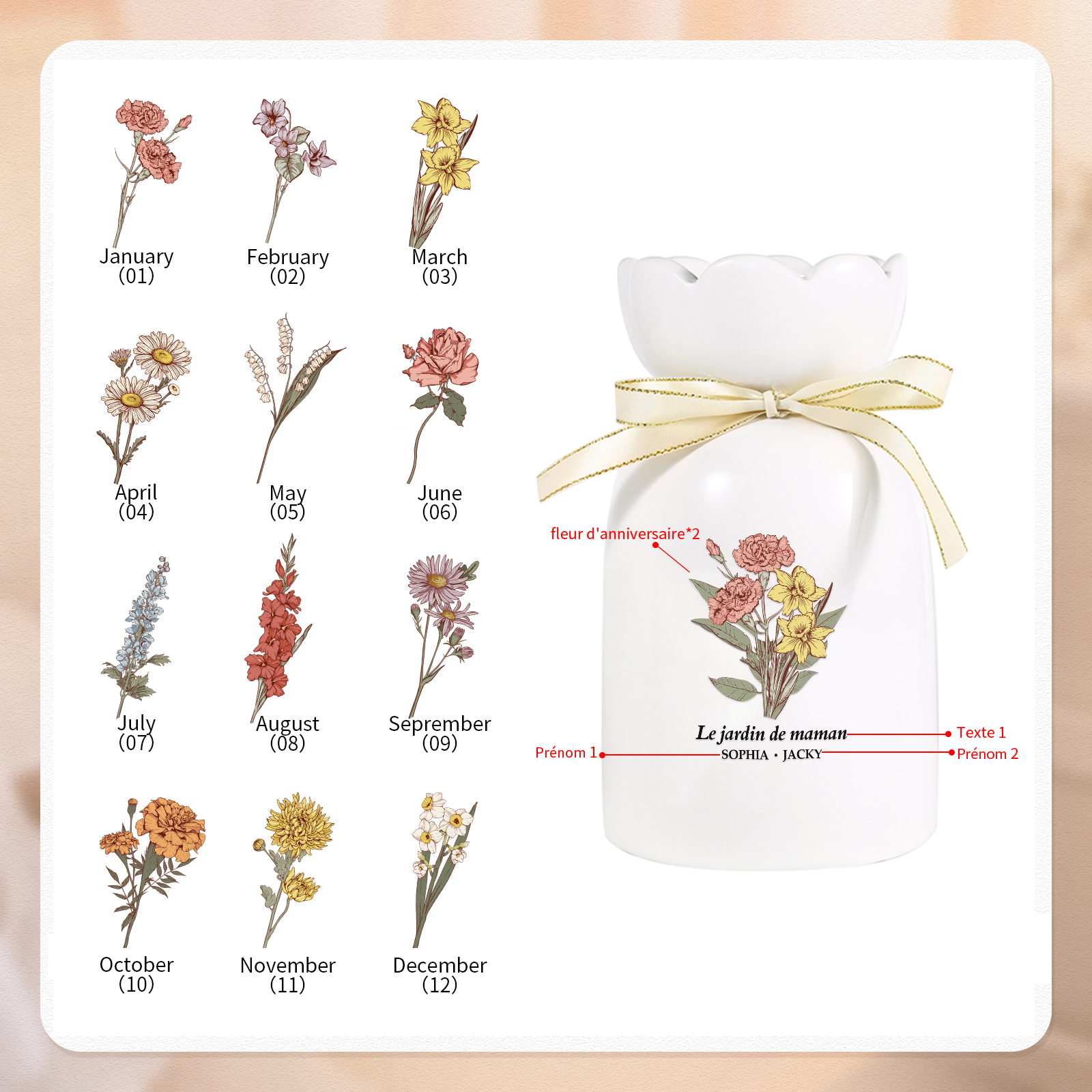 À Maman/Mamie - Vase Personnalisés avec 2-6 Prénoms et 1 Texte Vase bouquet en Céramique (sans fleurs) | Jessemade