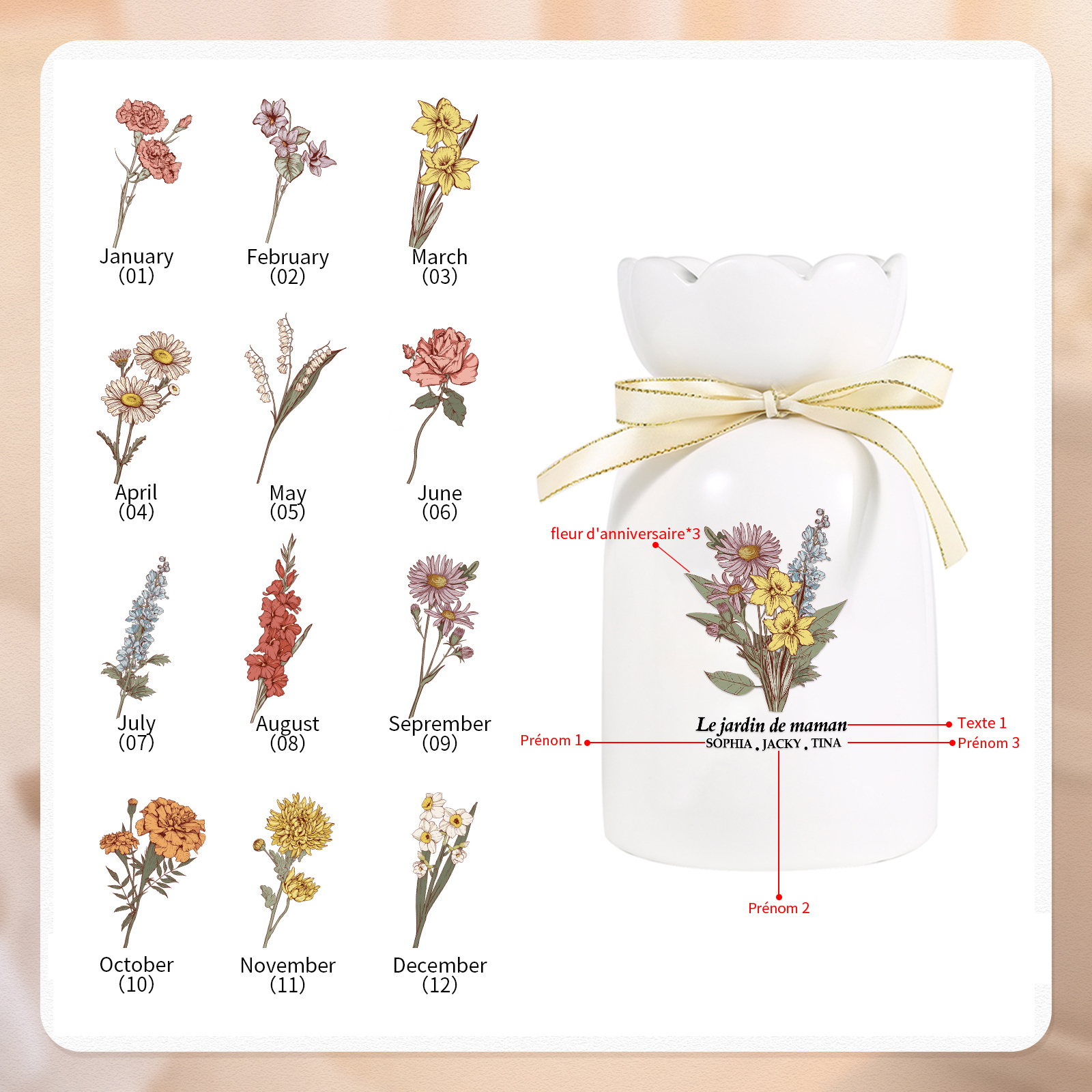 À Maman/Mamie - Vase Personnalisés avec 2-6 Prénoms et 1 Texte Vase bouquet en Céramique (sans fleurs) | Jessemade