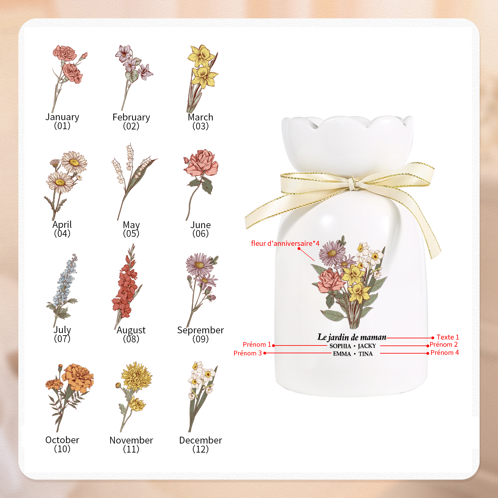 À Maman/Mamie - Vase Personnalisés avec 2-6 Prénoms et 1 Texte Vase bouquet en Céramique (sans fleurs) | Jessemade