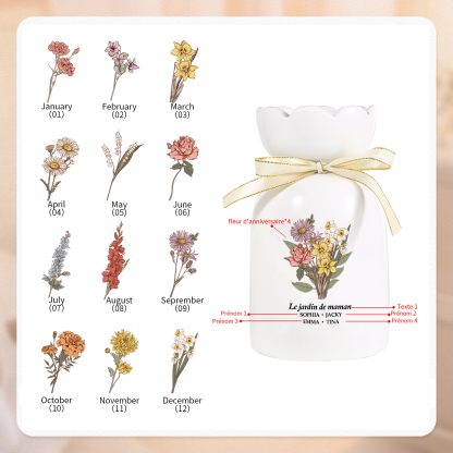 À Maman/Mamie - Vase Personnalisés avec 2-6 Prénoms et 1 Texte Vase bouquet en Céramique (sans fleurs) | Jessemade