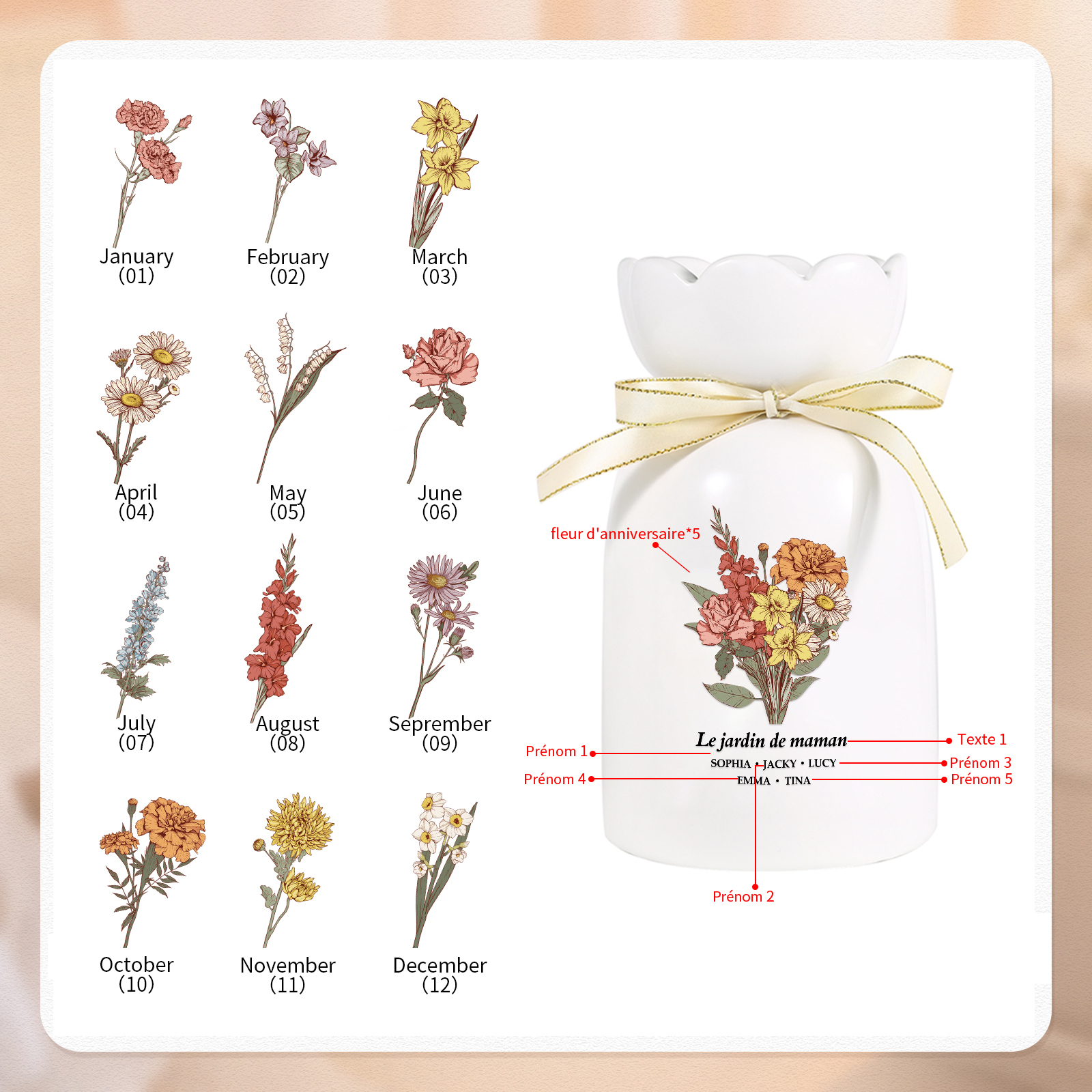 À Maman/Mamie - Vase Personnalisés avec 2-6 Prénoms et 1 Texte Vase bouquet en Céramique (sans fleurs) | Jessemade