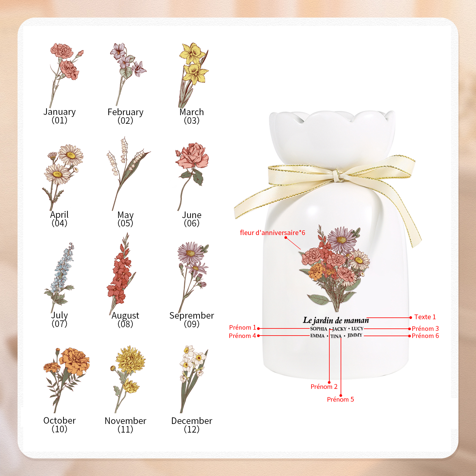 À Maman/Mamie - Vase Personnalisés avec 2-6 Prénoms et 1 Texte Vase bouquet en Céramique (sans fleurs) | Jessemade