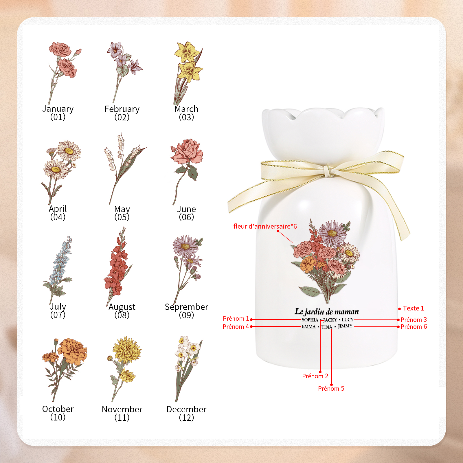 À Maman/Mamie - Vase Personnalisés avec 2-6 Prénoms et 1 Texte Vase bouquet en Céramique (sans fleurs) | Jessemade