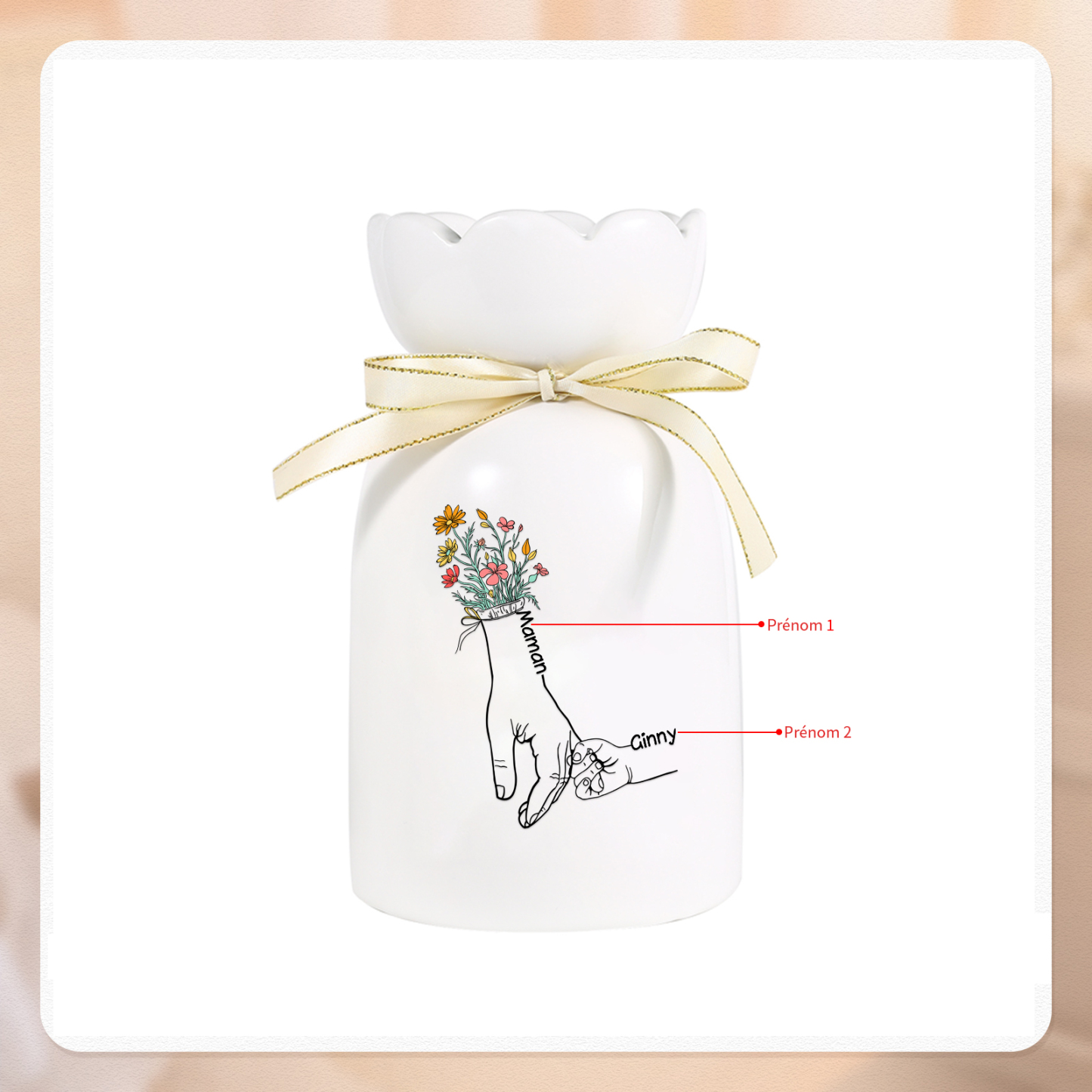 À Maman/Mamie - Vase en Céramique Personnalisés avec 2-7 Prénoms Vase la Main dans la Main (sans fleurs) | Jessemade
