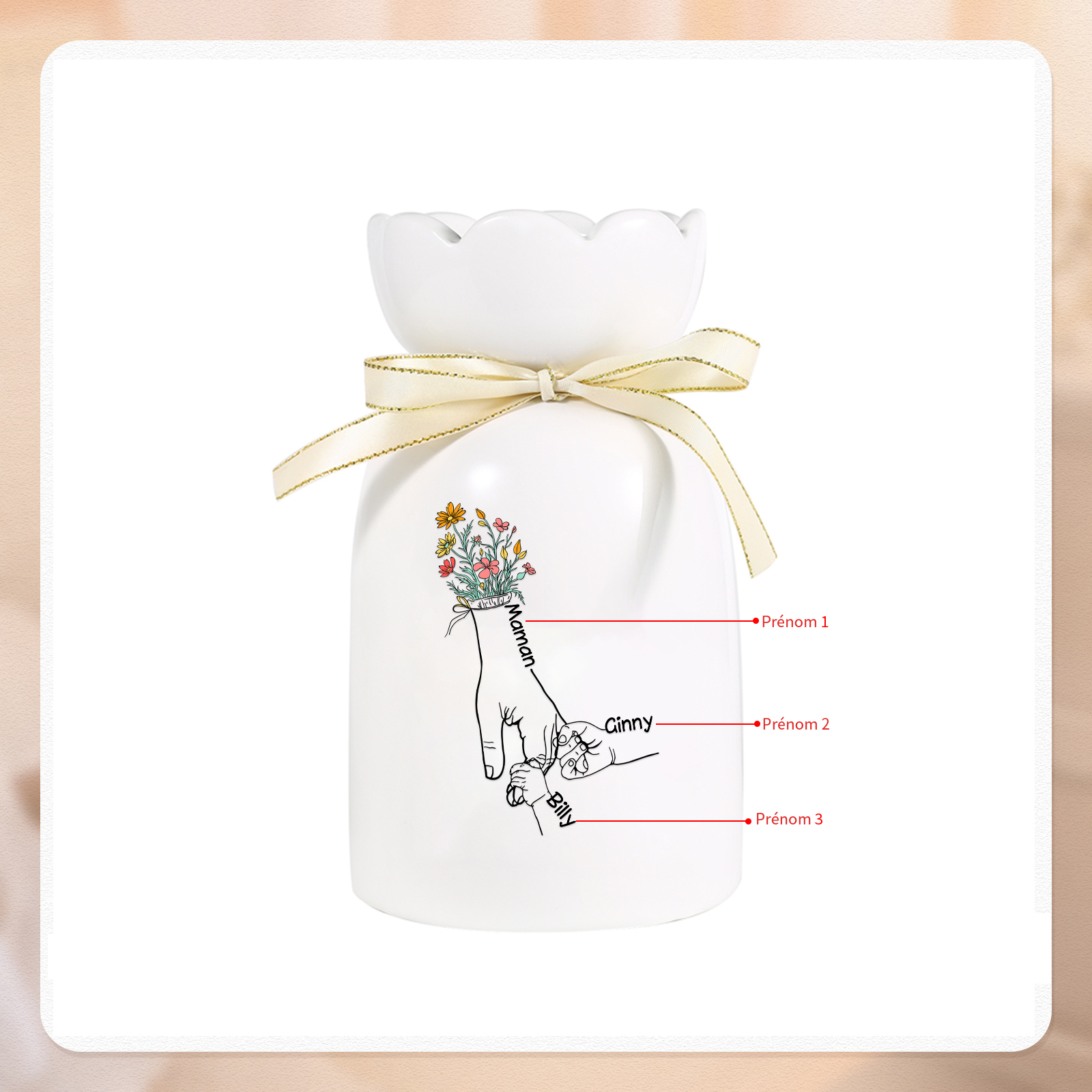 À Maman/Mamie - Vase en Céramique Personnalisés avec 2-7 Prénoms Vase la Main dans la Main (sans fleurs) | Jessemade
