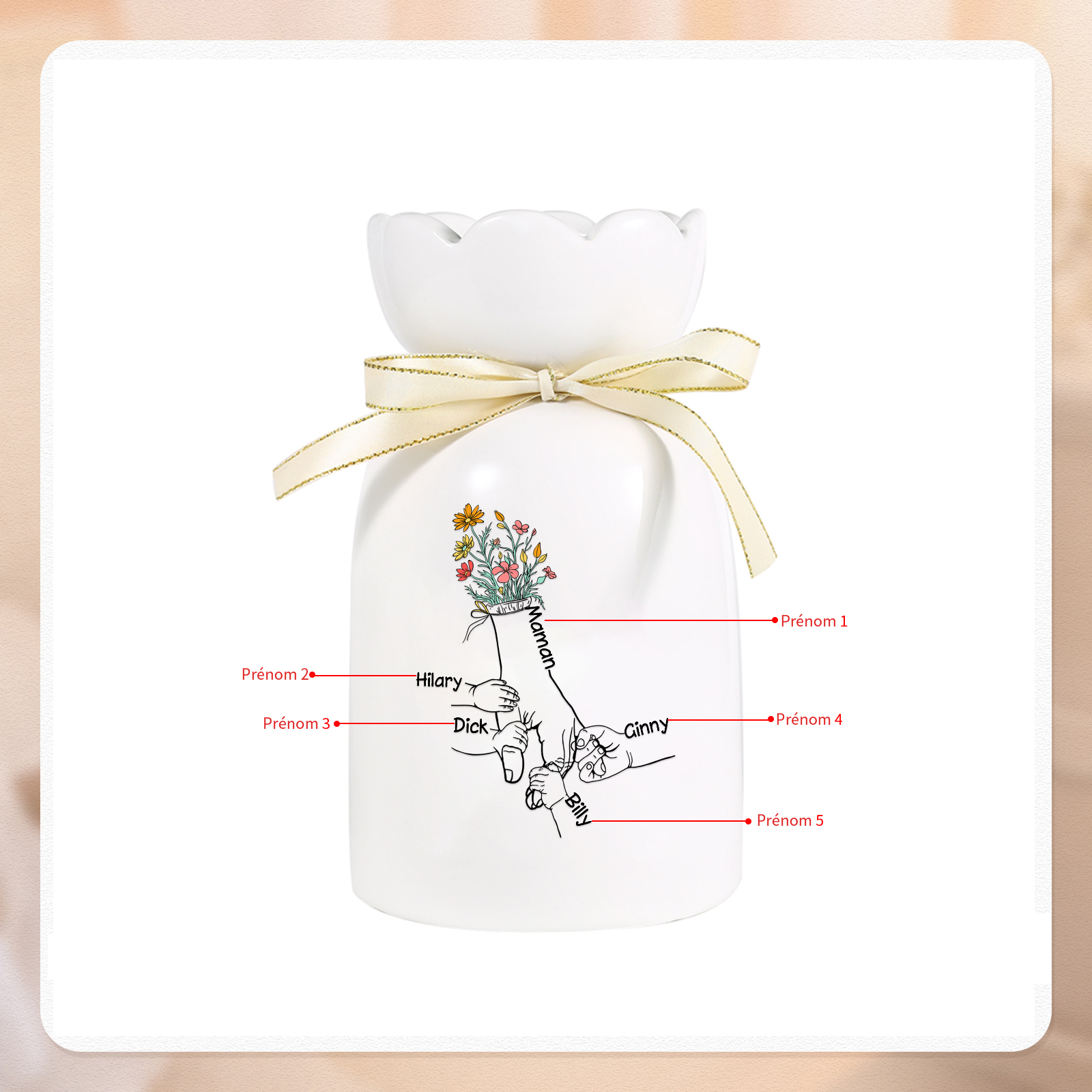 À Maman/Mamie - Vase en Céramique Personnalisés avec 2-7 Prénoms Vase la Main dans la Main (sans fleurs) | Jessemade