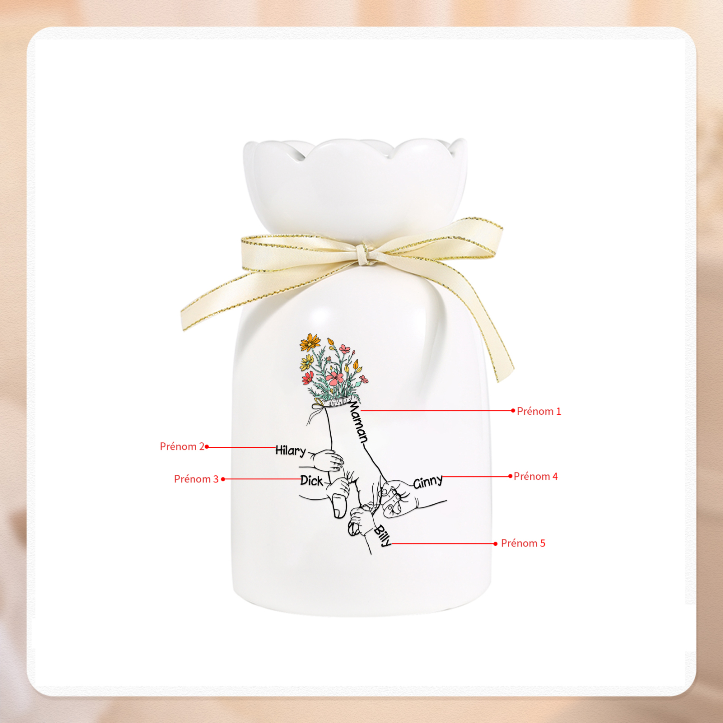 À Maman/Mamie - Vase en Céramique Personnalisés avec 2-7 Prénoms Vase la Main dans la Main (sans fleurs) | Jessemade