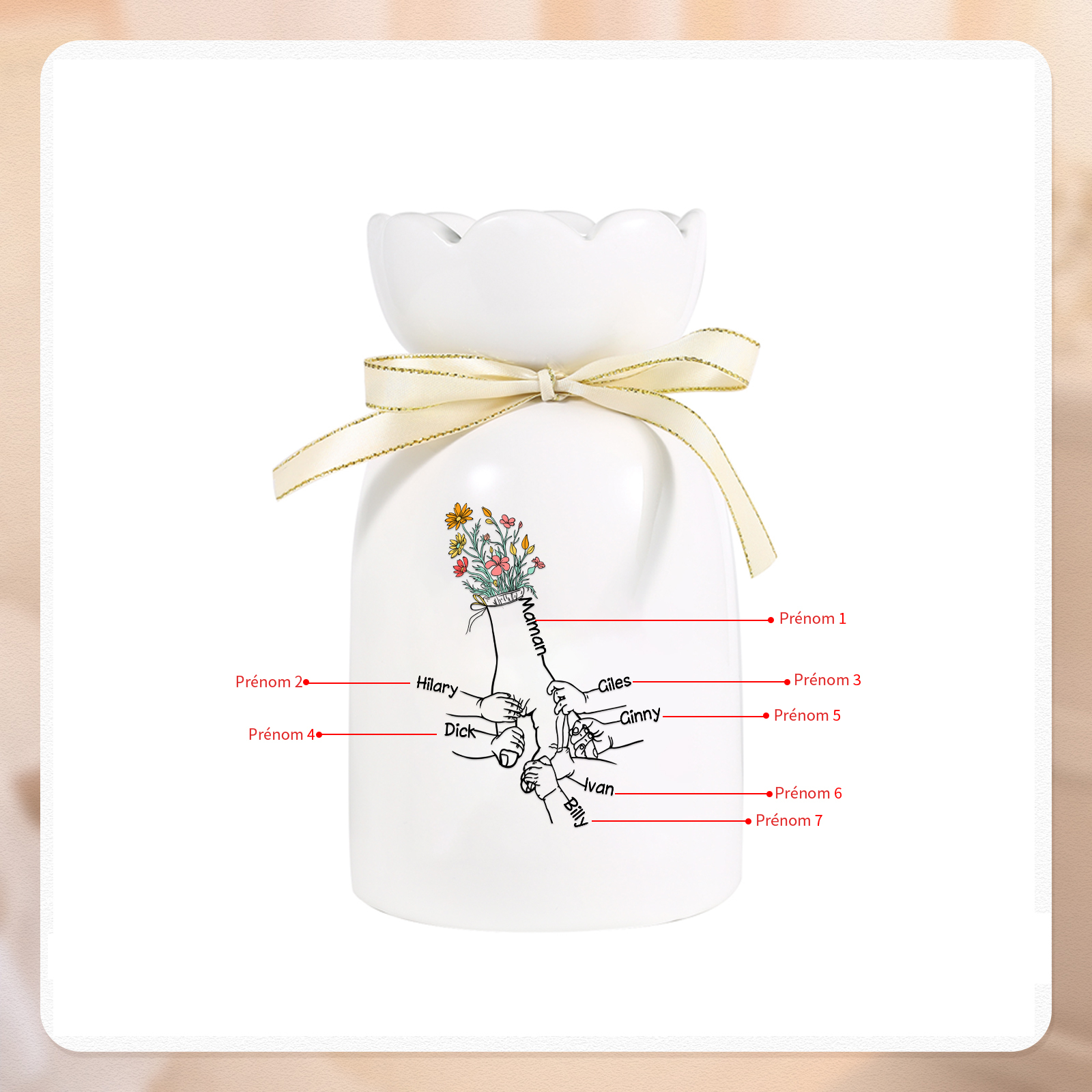 À Maman/Mamie - Vase en Céramique Personnalisés avec 2-7 Prénoms Vase la Main dans la Main (sans fleurs) | Jessemade