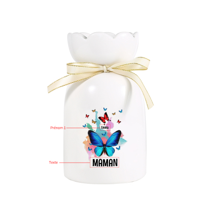 À Maman/Mamie - Vase en Céramique Personnalisés avec 1-8 Prénoms et 1 Texte Vase Motif Papillons Colorés (sans fleurs) | Jessemade