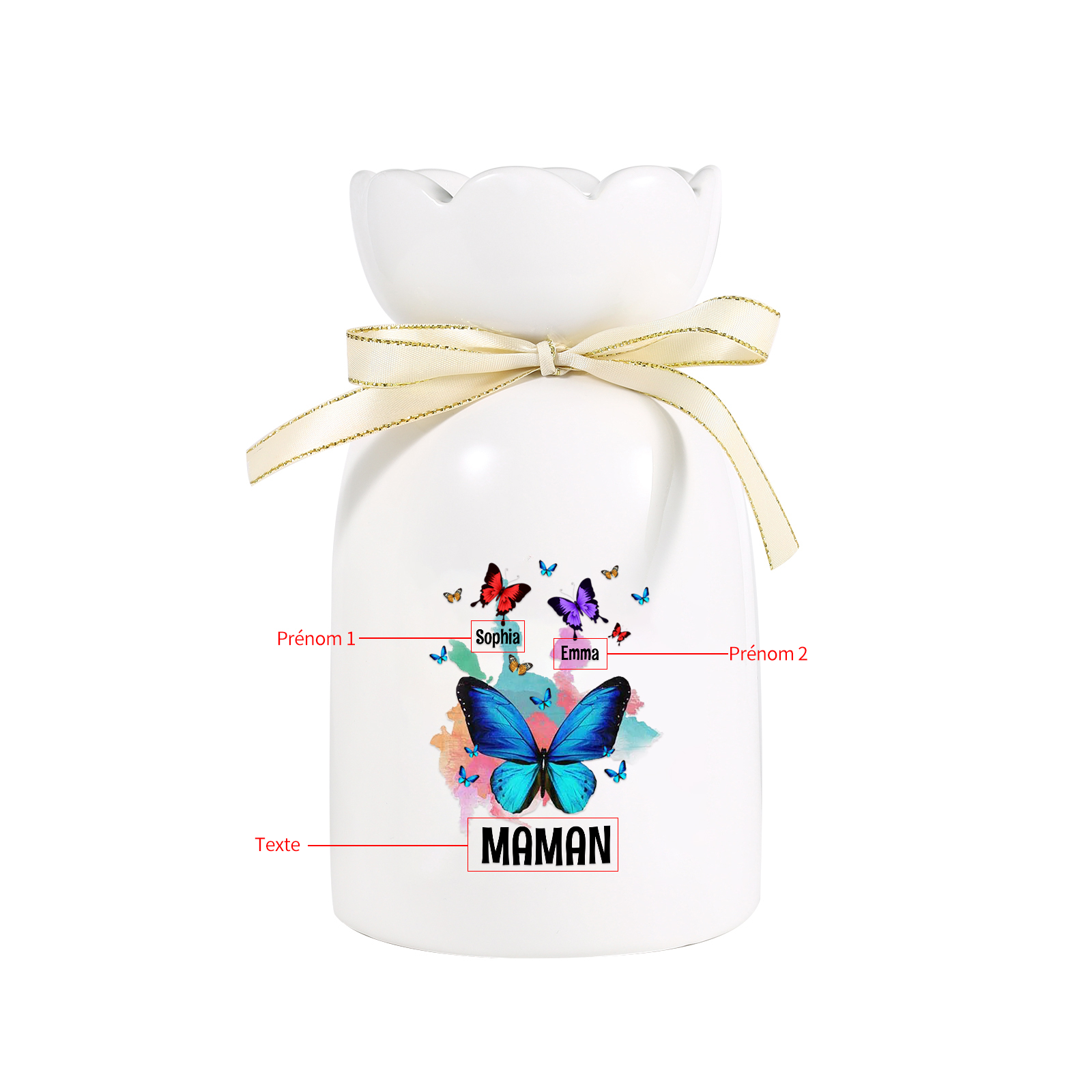 À Maman/Mamie - Vase en Céramique Personnalisés avec 1-8 Prénoms et 1 Texte Vase Motif Papillons Colorés (sans fleurs) | Jessemade