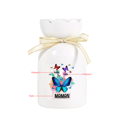 À Maman/Mamie - Vase en Céramique Personnalisés avec 1-8 Prénoms et 1 Texte Vase Motif Papillons Colorés (sans fleurs) | Jessemade