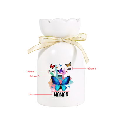 À Maman/Mamie - Vase en Céramique Personnalisés avec 1-8 Prénoms et 1 Texte Vase Motif Papillons Colorés (sans fleurs) | Jessemade