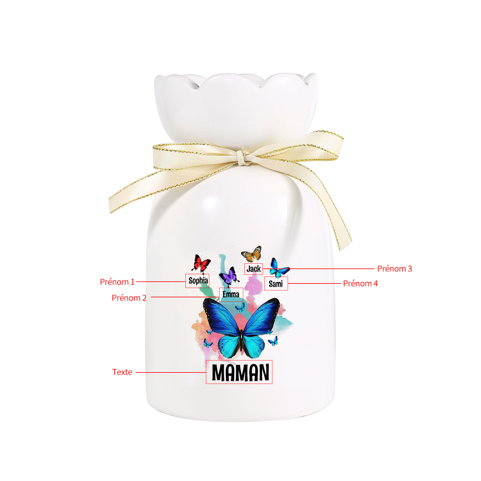 À Maman/Mamie - Vase en Céramique Personnalisés avec 1-8 Prénoms et 1 Texte Vase Motif Papillons Colorés (sans fleurs) | Jessemade