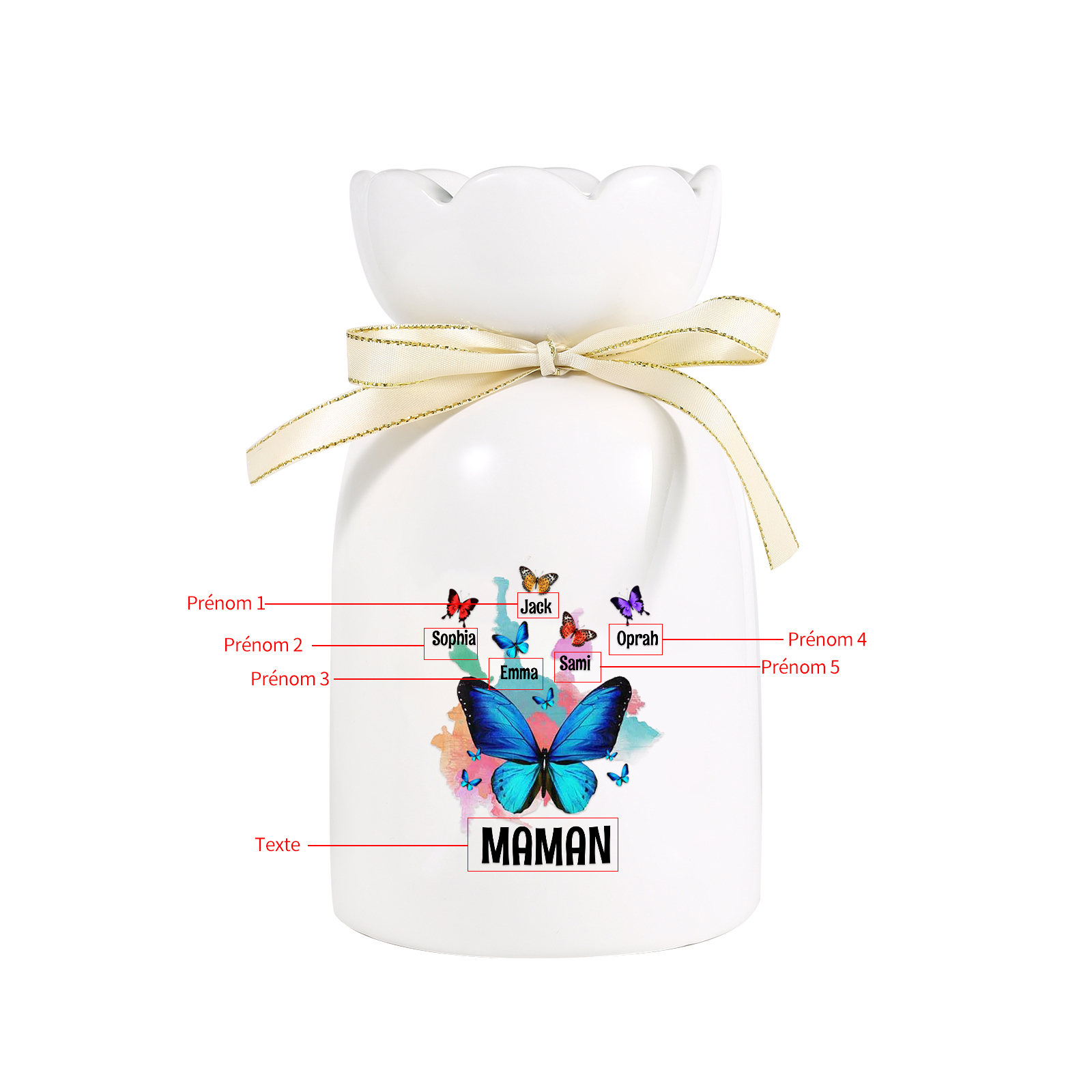 À Maman/Mamie - Vase en Céramique Personnalisés avec 1-8 Prénoms et 1 Texte Vase Motif Papillons Colorés (sans fleurs) | Jessemade