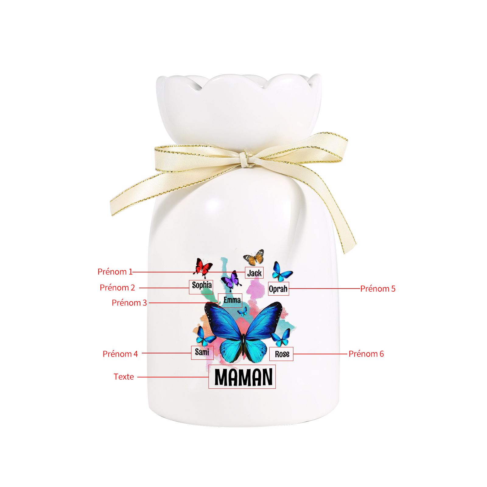 À Maman/Mamie - Vase en Céramique Personnalisés avec 1-8 Prénoms et 1 Texte Vase Motif Papillons Colorés (sans fleurs) | Jessemade