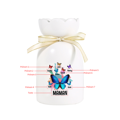 À Maman/Mamie - Vase en Céramique Personnalisés avec 1-8 Prénoms et 1 Texte Vase Motif Papillons Colorés (sans fleurs) | Jessemade