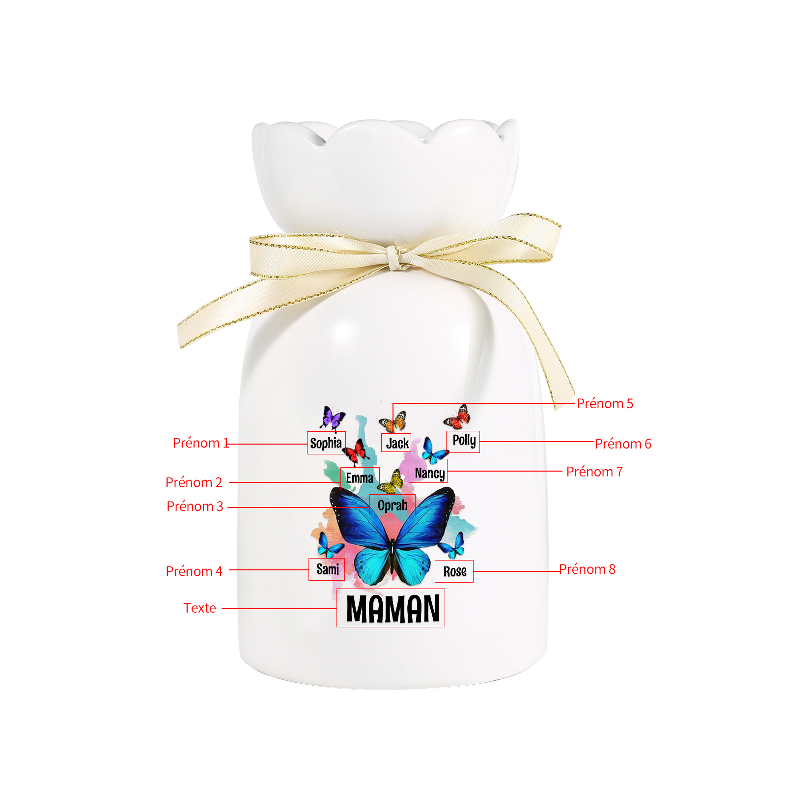 À Maman/Mamie - Vase en Céramique Personnalisés avec 1-8 Prénoms et 1 Texte Vase Motif Papillons Colorés (sans fleurs) | Jessemade