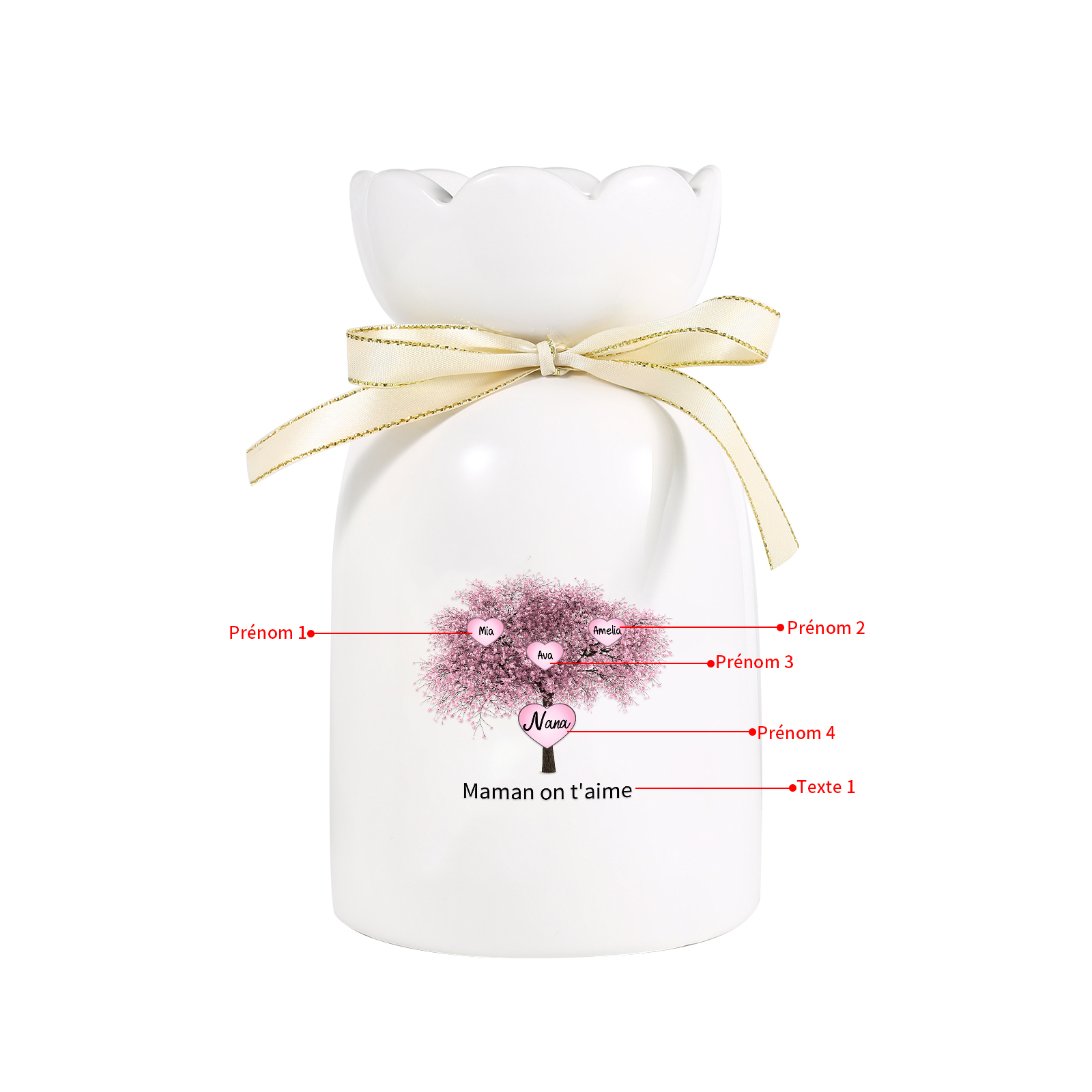 À Maman/Mamie - Vase Personnalisés avec 3-8 Prénoms et 1 Texte Vase en Céramique (sans fleurs) | Jessemade