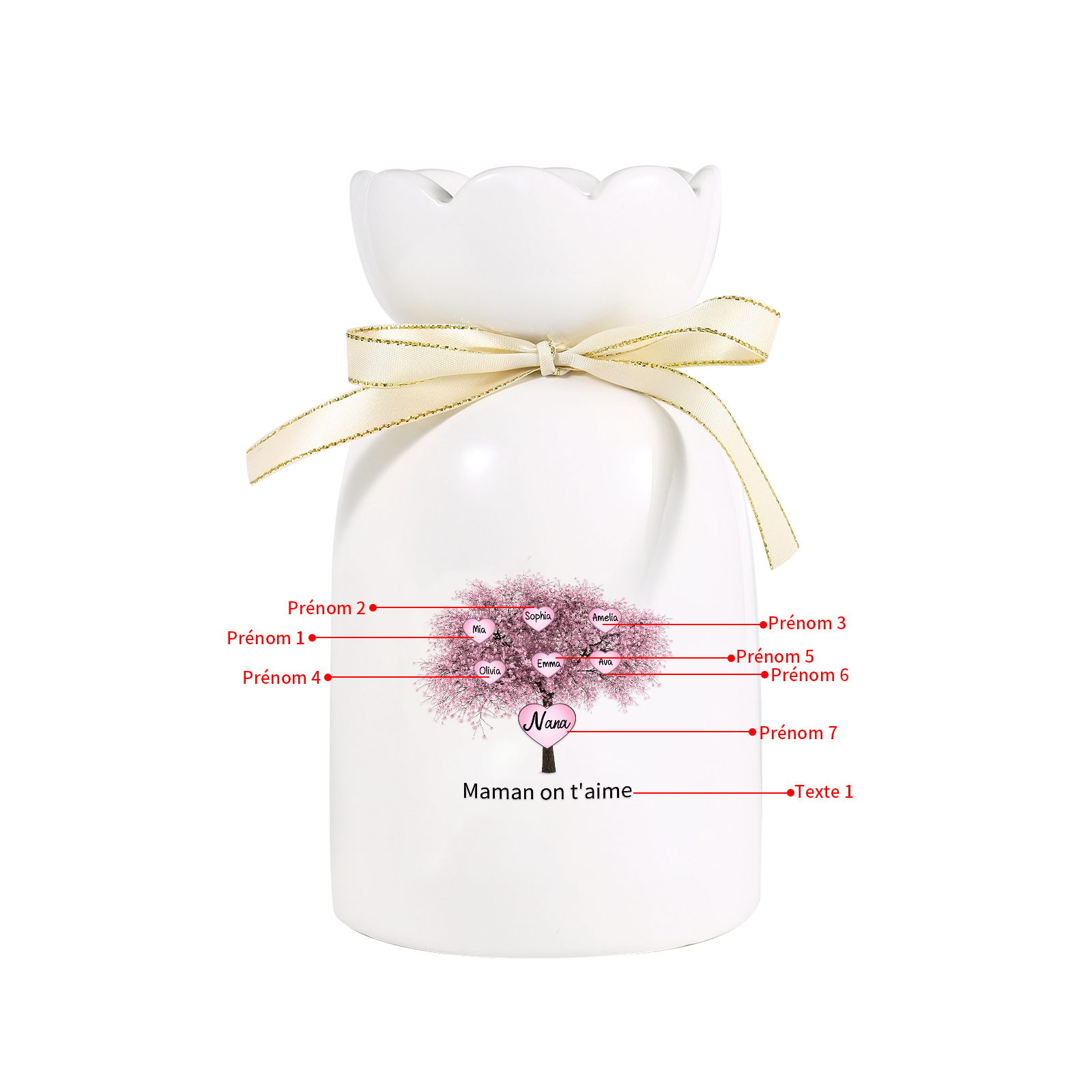 À Maman/Mamie - Vase Personnalisés avec 3-8 Prénoms et 1 Texte Vase en Céramique (sans fleurs) | Jessemade