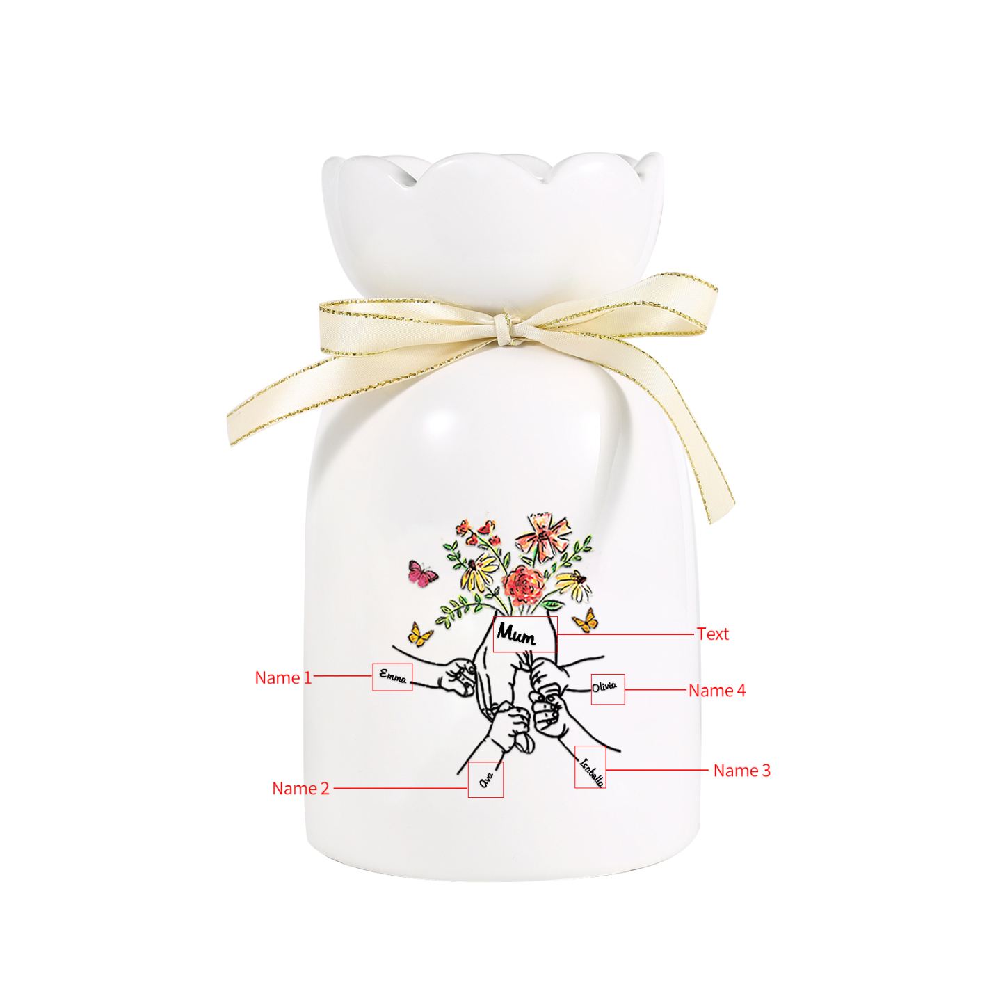À Maman/Mamie - Vase en Céramique 2-8 Prénoms Personnalisés avec 1 Texte Vase la Main dans la Main (sans fleurs) | Jessemade