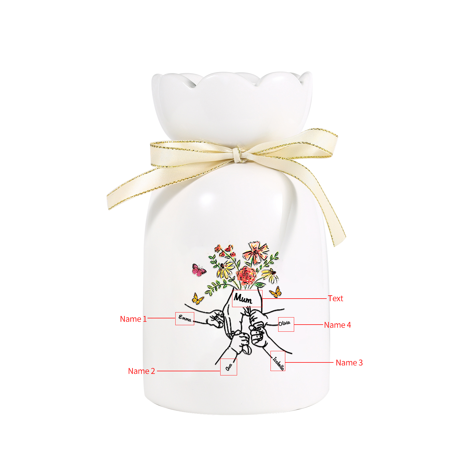 À Maman/Mamie - Vase en Céramique 2-8 Prénoms Personnalisés avec 1 Texte Vase la Main dans la Main (sans fleurs) | Jessemade