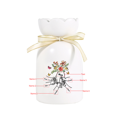 À Maman/Mamie - Vase en Céramique 2-8 Prénoms Personnalisés avec 1 Texte Vase la Main dans la Main (sans fleurs) | Jessemade