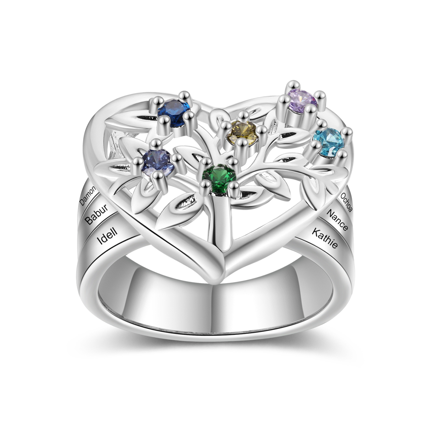 Bague Arbre de Vie Personnalisée – Anneau Cœur avec Pierres de Naissance et Gravure de Noms