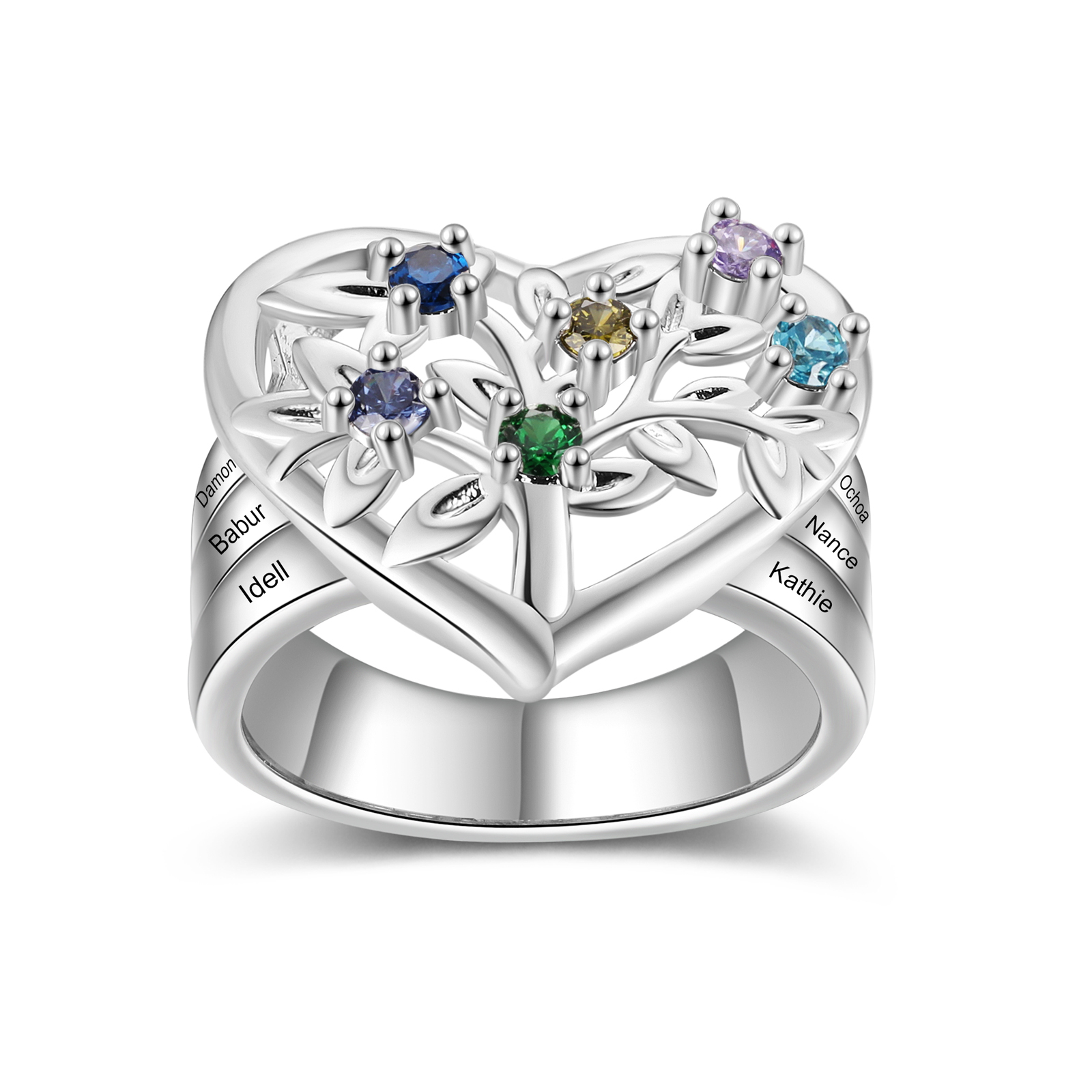 Bague Arbre de Vie Personnalisée – Anneau Cœur avec Pierres de Naissance et Gravure de Noms