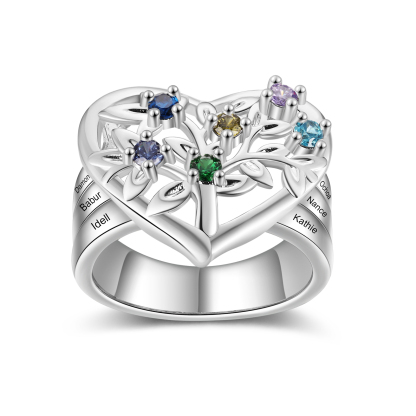 Bague Arbre de Vie Personnalisée – Anneau Cœur avec Pierres de Naissance et Gravure de Noms