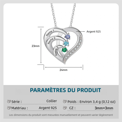Collier Coeur 2-6 Prénoms Personnalisés avec Pierres de naissance en Argent 925｜Jessemade