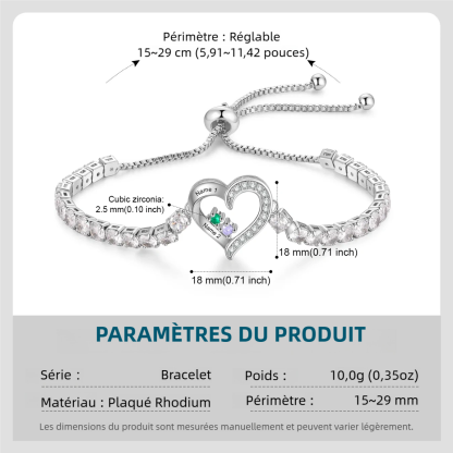 Bracelet Tennis Cœur ajustable avec 2-4 Pierres de naissance et Prénoms