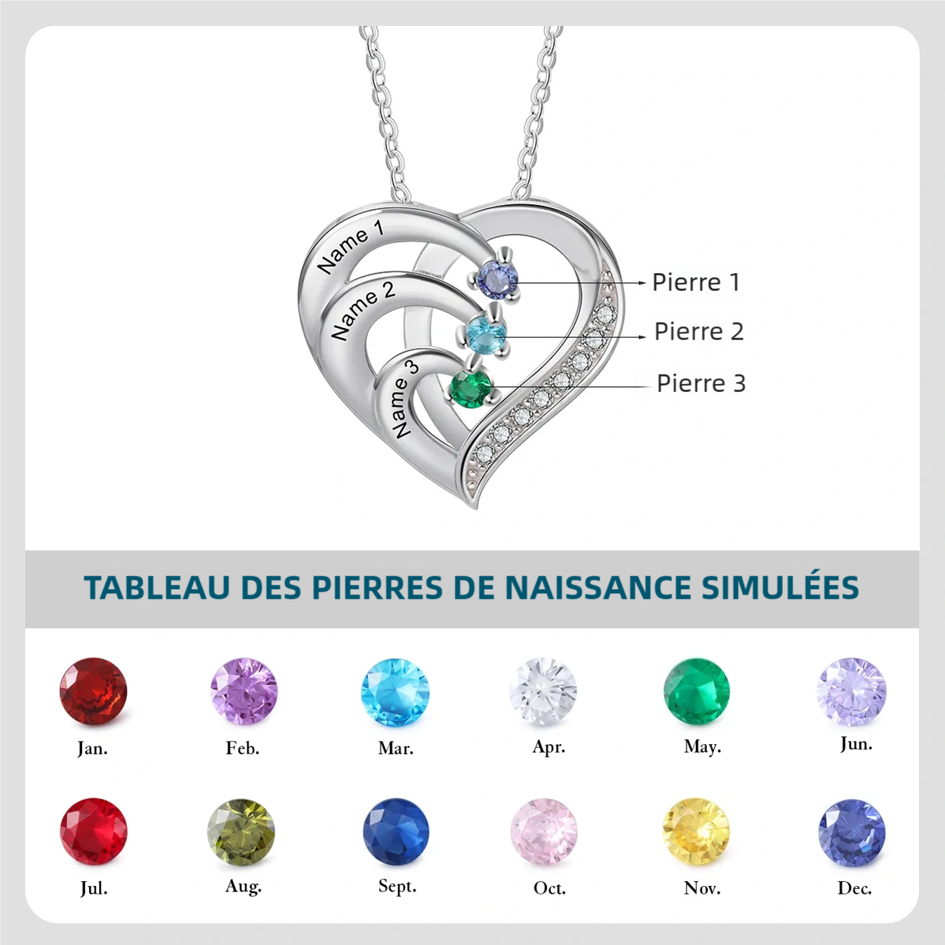 Collier Coeur 2-6 Prénoms Personnalisés avec Pierres de naissance en Argent 925｜Jessemade