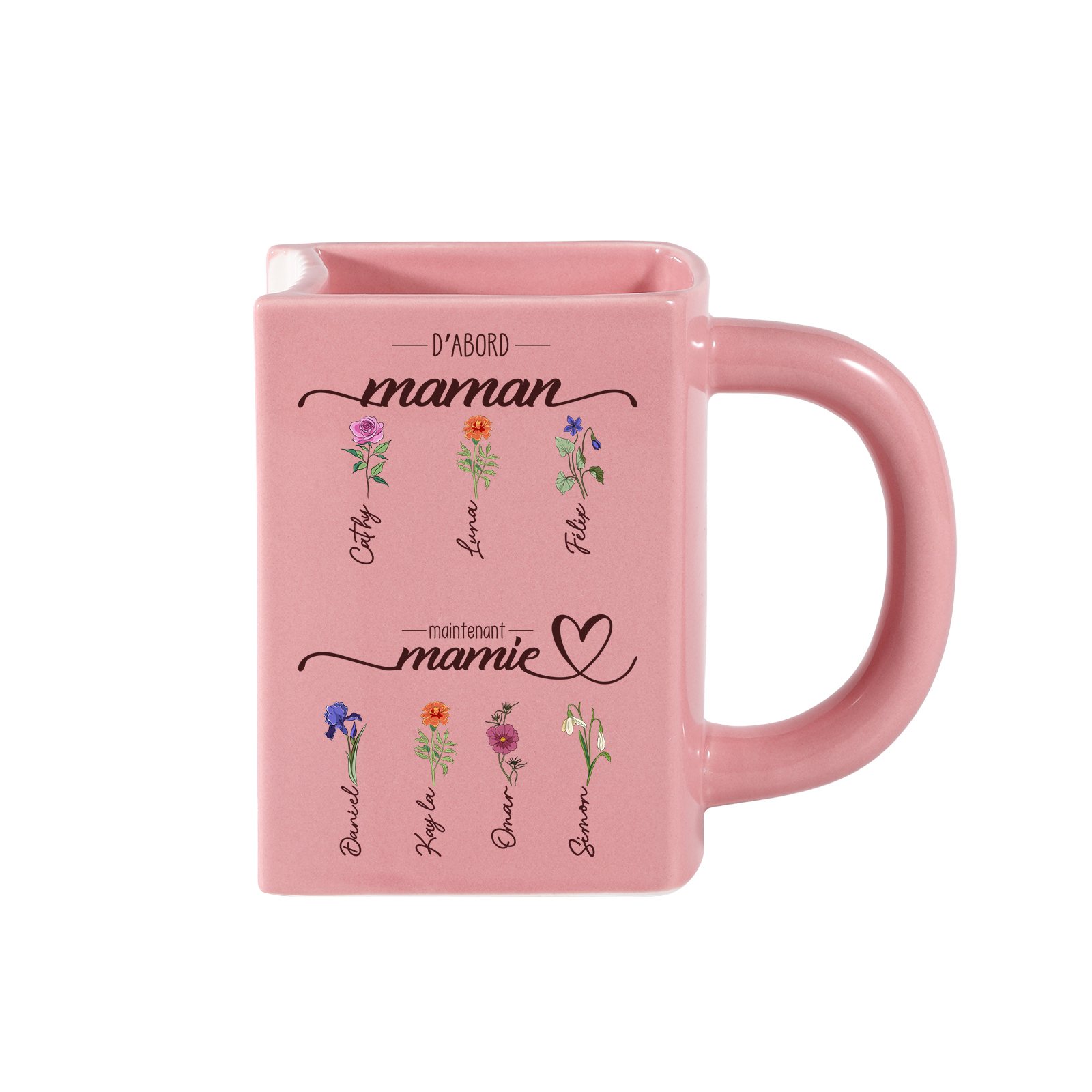 Vase Livre Personnalisé « D'abord Maman, Maintenant Mamie » avec 2 à 10 Prénoms et Fleurs de Naissance