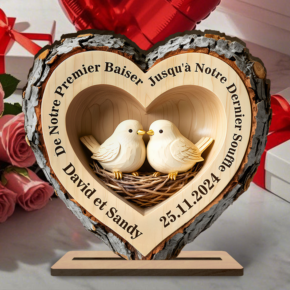 Plaque en Bois Personnalisé avec oiseaux Cœur de forêt avec Base Stable pour Couple