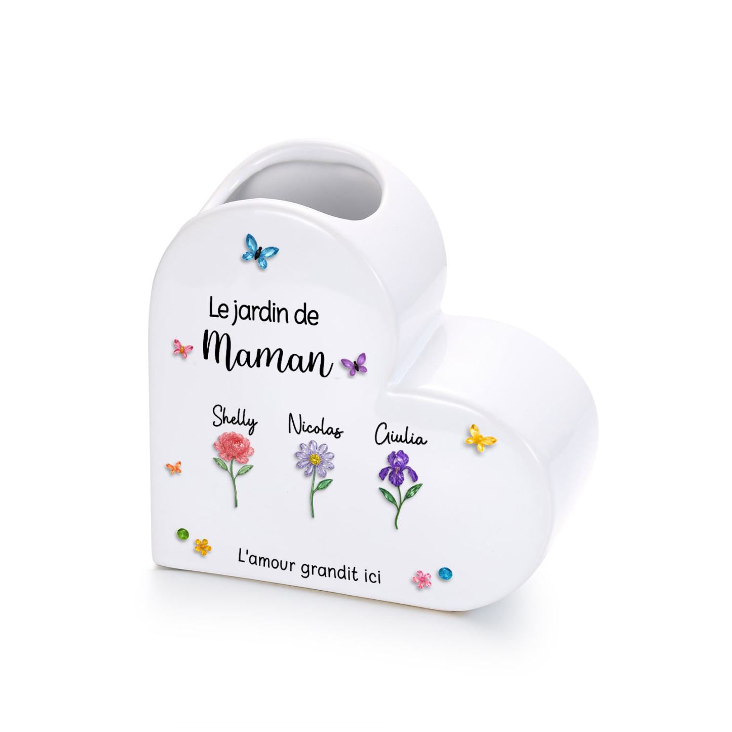 Vase Cœur en Céramique Personnalisé avec 1 à 10 Prénoms et Fleurs de naissance pour Maman/Mamie