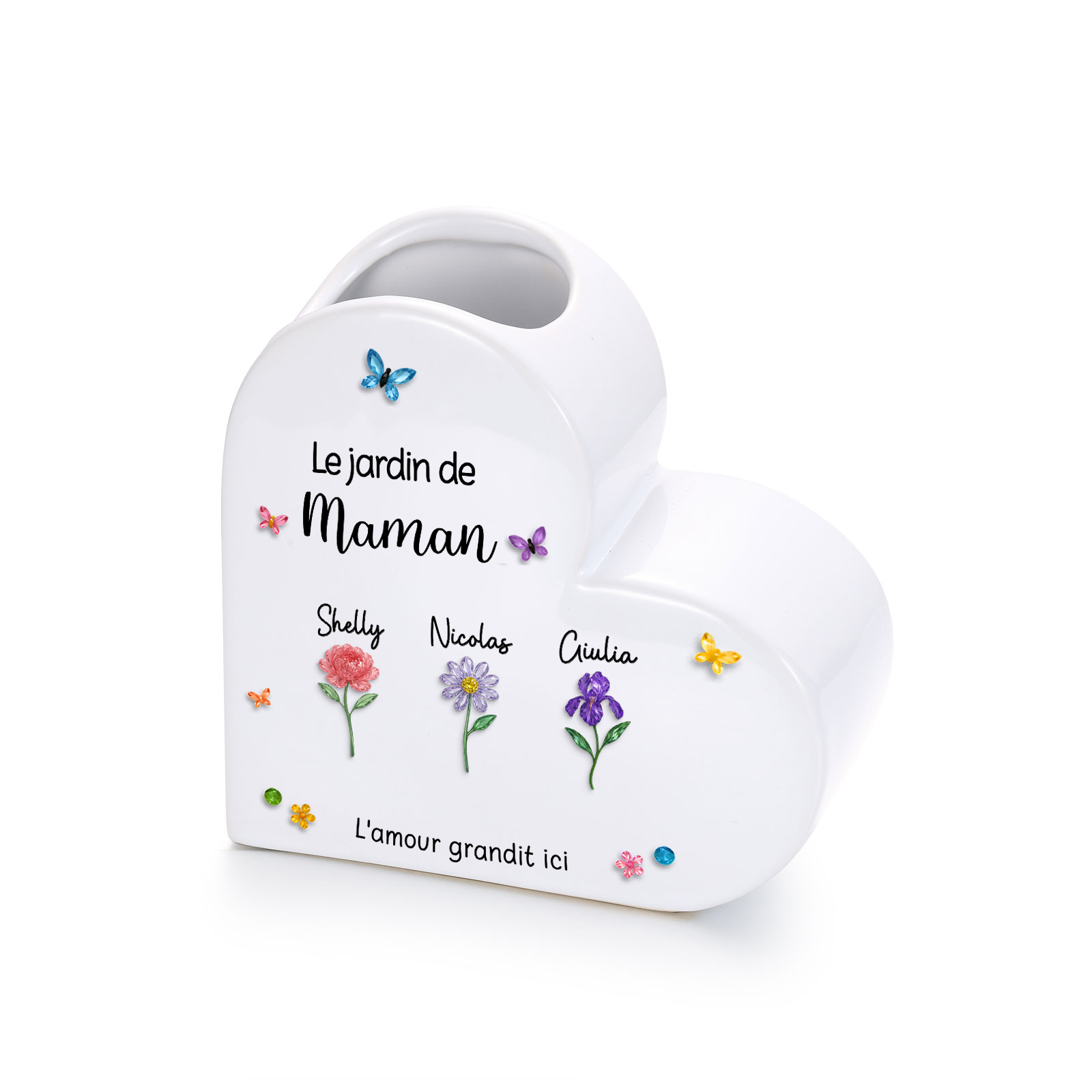Vase Cœur en Céramique Personnalisé avec 1 à 10 Prénoms et Fleurs de naissance pour Maman/Mamie