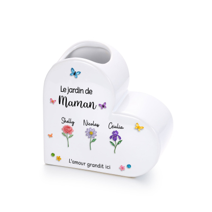 Vase Cœur en Céramique Personnalisé avec 1 à 10 Prénoms et Fleurs de naissance pour Maman/Mamie