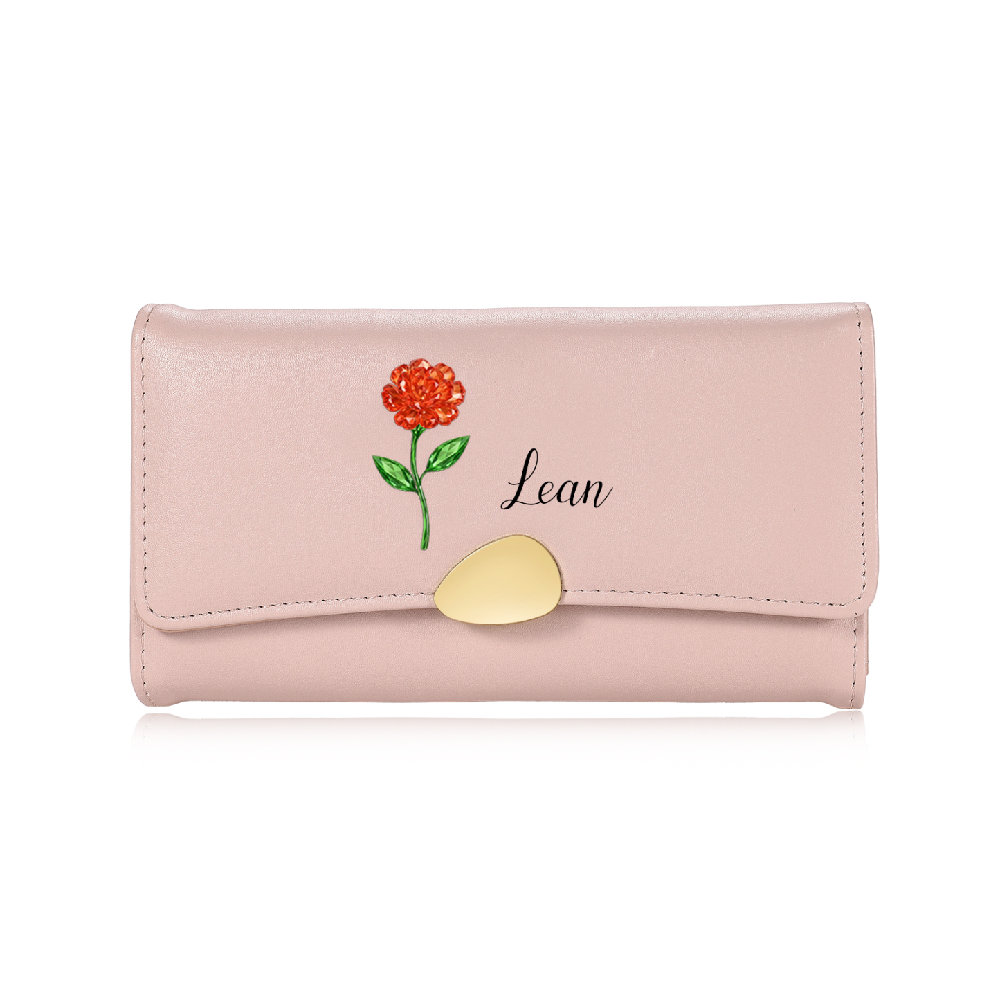 Portefeuille long Personnalisé pour Femme en cuir, avec Fleur de naissance et Prénom