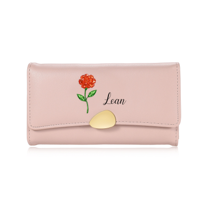 Portefeuille long Personnalisé pour Femme en cuir, avec Fleur de naissance et Prénom