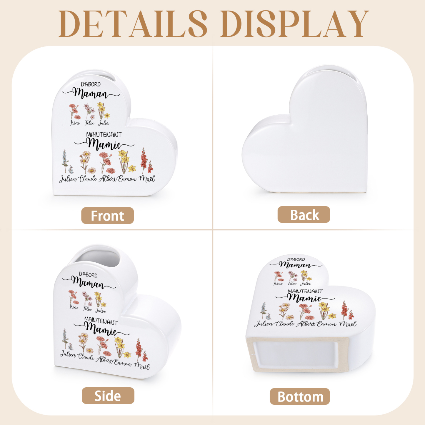 Vase Cœur en Céramique Personnalisé 2 à 10 Prénoms et Fleurs de Naissance,cadeau Fête des Mères pour Mamie Maman