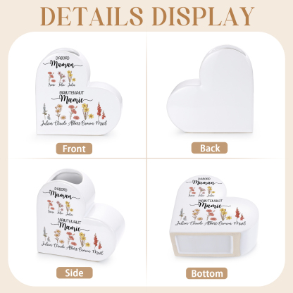 Vase Cœur en Céramique Personnalisé 2 à 10 Prénoms et Fleurs de Naissance,cadeau Fête des Mères pour Mamie Maman