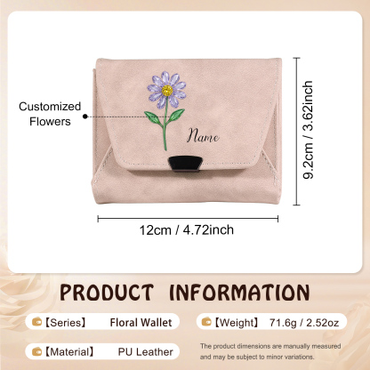 Portefeuille pour femme personnalisé en cuir avec fleur de naissance et prénom