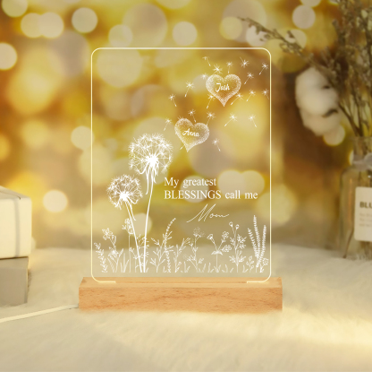À Maman/Mamie - Lampe de chevet LED Pissenlit 2 Prénoms Personnalisés avec 2 Textes pour Famille