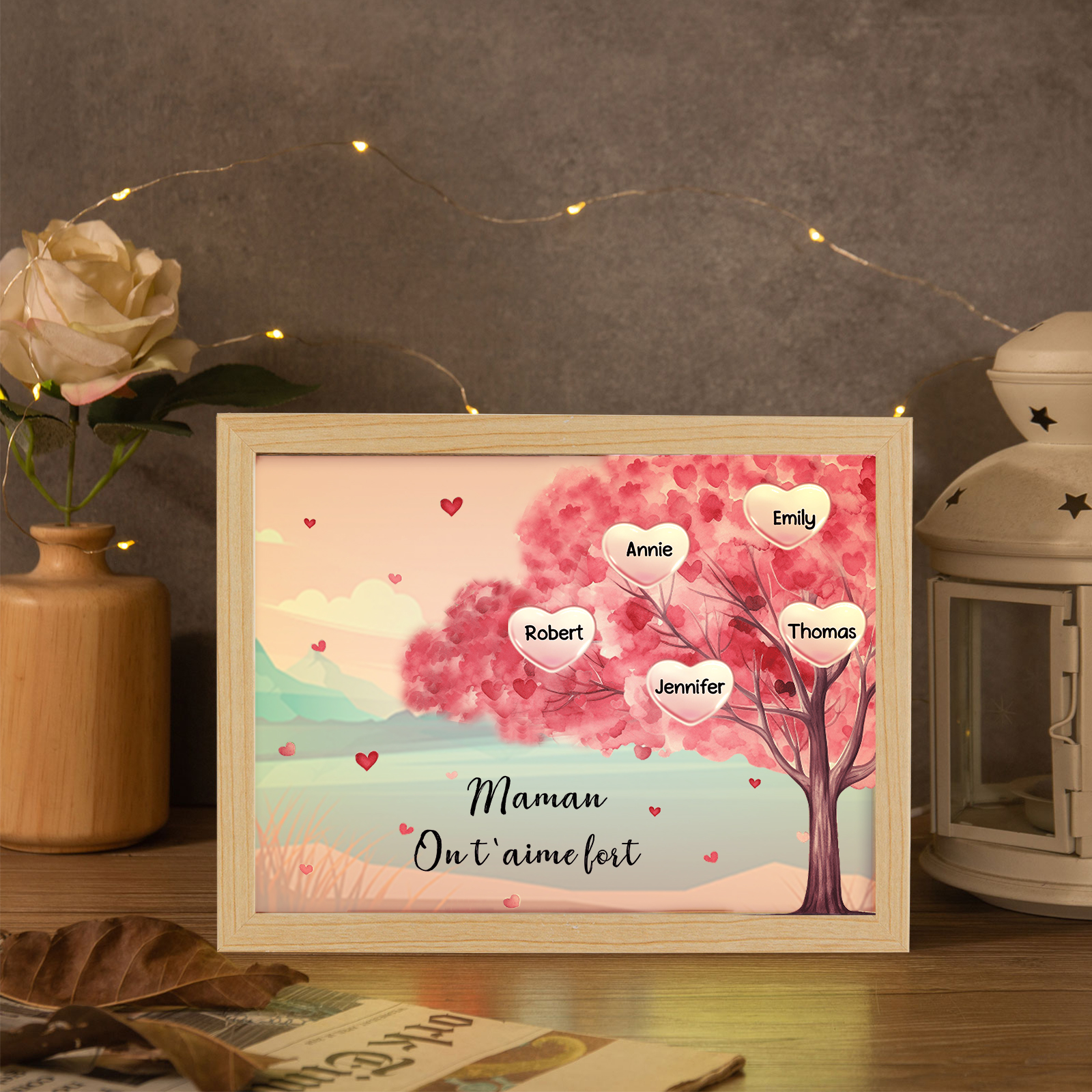 Cadre Photo LED Arbre 5 Prénoms Personnalisés avec 1 Texte Décoration Famille